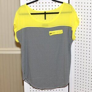 Plus Size 1XL Ashley Blue Edgy Black & White Striped + Neon Yellow Sheer Top NWT